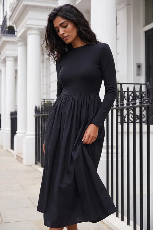 Roman Black Cotton Stretch Jersey Mix Midi Dress - 14 Image 1