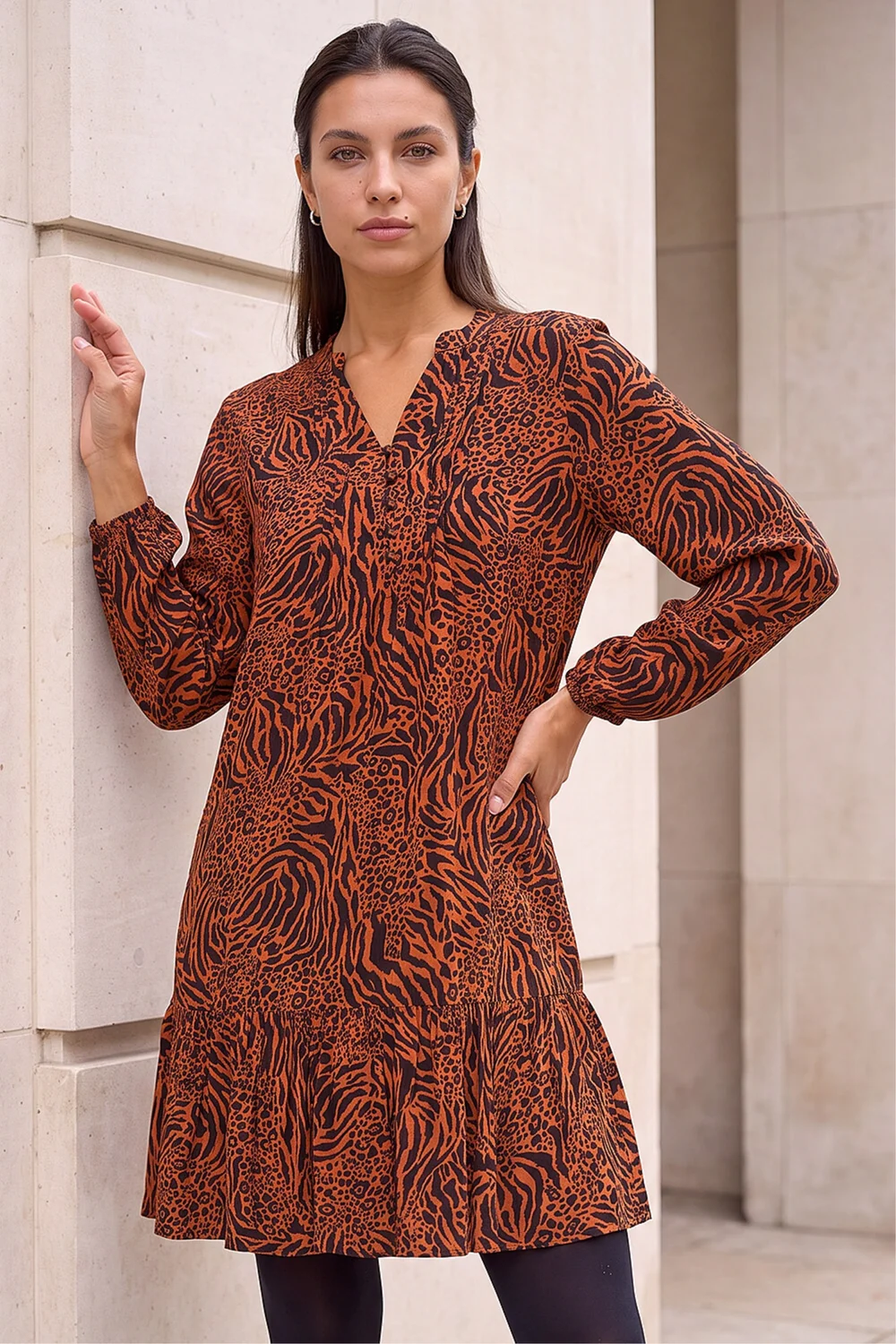 Roman Rust Animal Print Pintuck Smock Dress - 10 Image 1