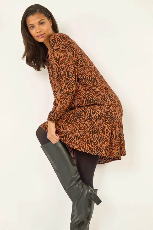 Roman Rust Animal Print Pintuck Smock Dress