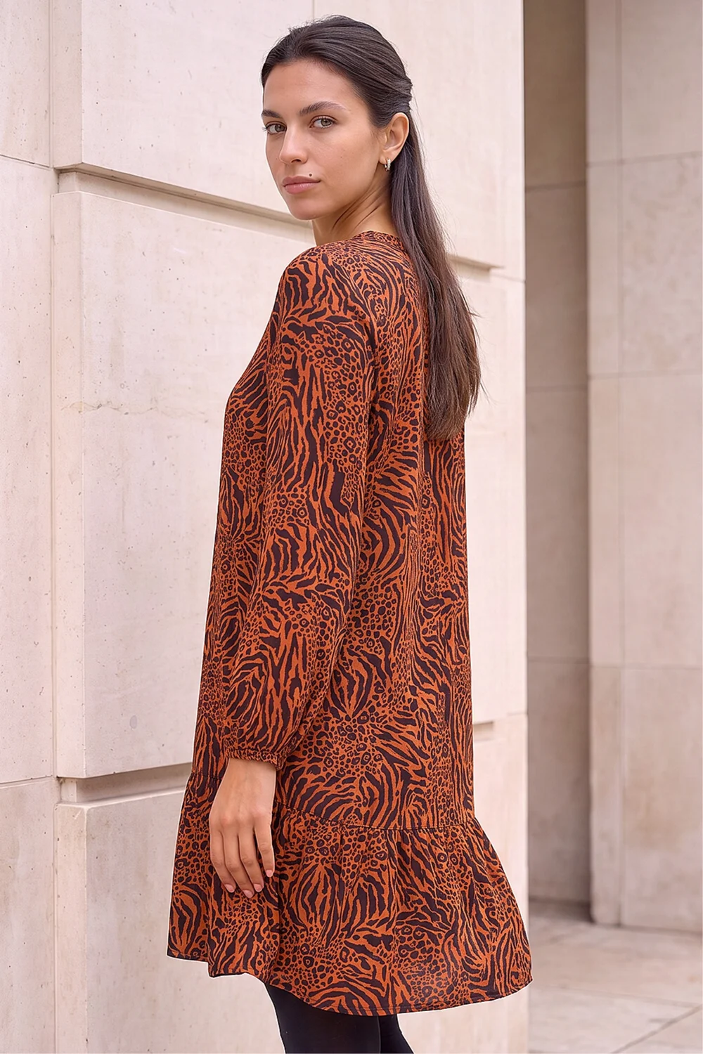 Roman Rust Animal Print Pintuck Smock Dress - 10 Image 3