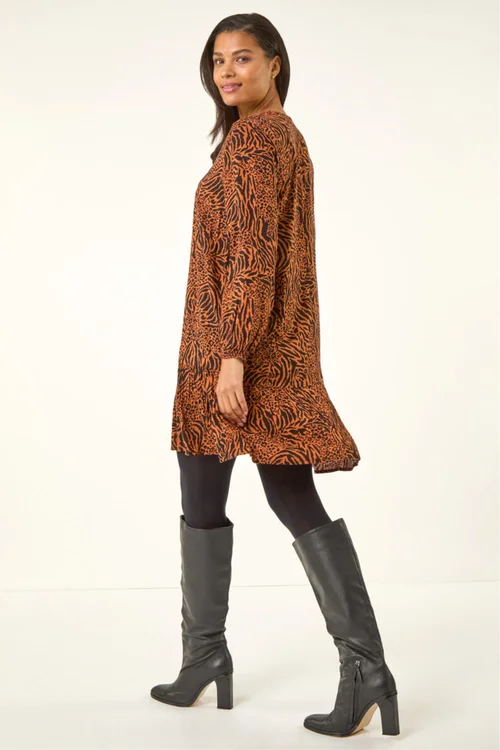 Roman Rust Animal Print Pintuck Smock Dress - 10 Image 3