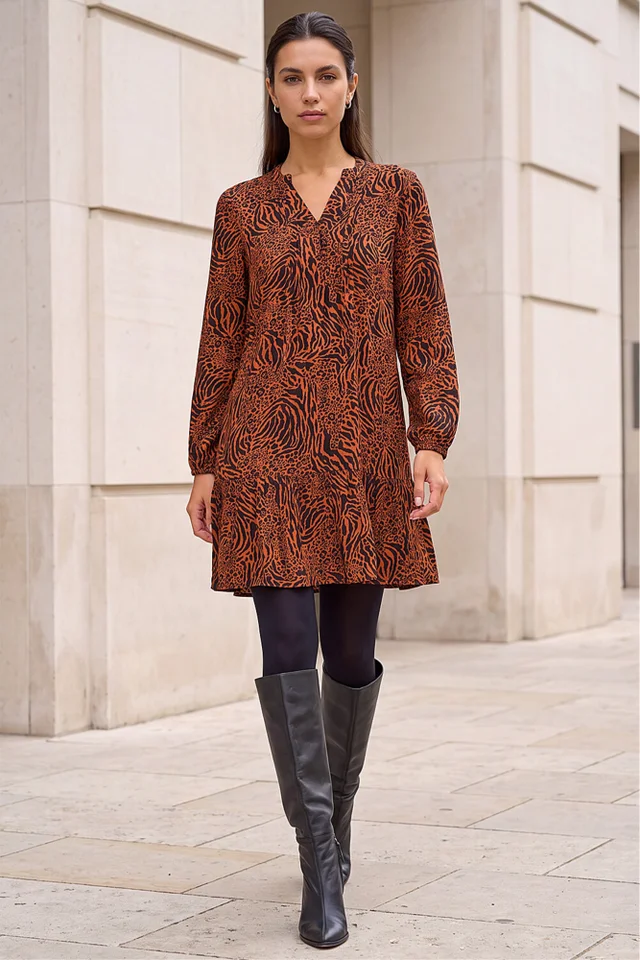 Roman Rust Animal Print Pintuck Smock Dress