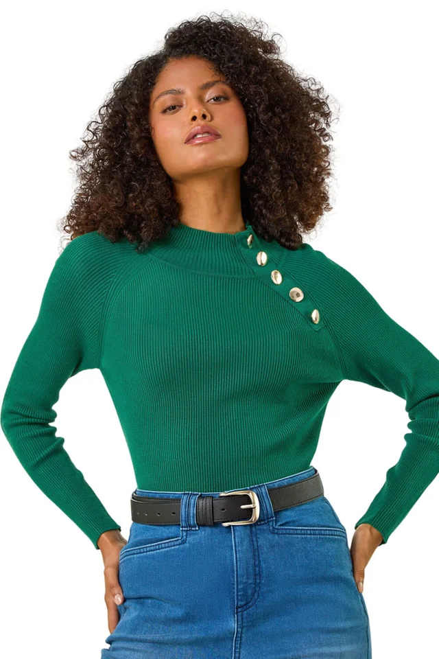 Dusk Green Dusk Button Detail Ribbed Jumper