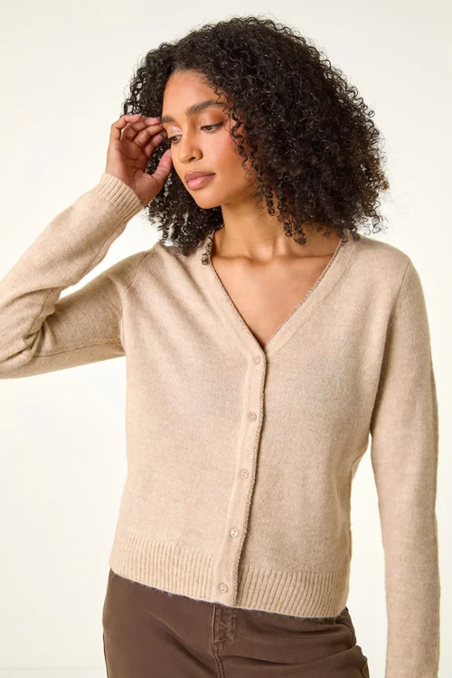Roman Natural Shimmer V-Neck Ribbed Cardigan - M Image 3
