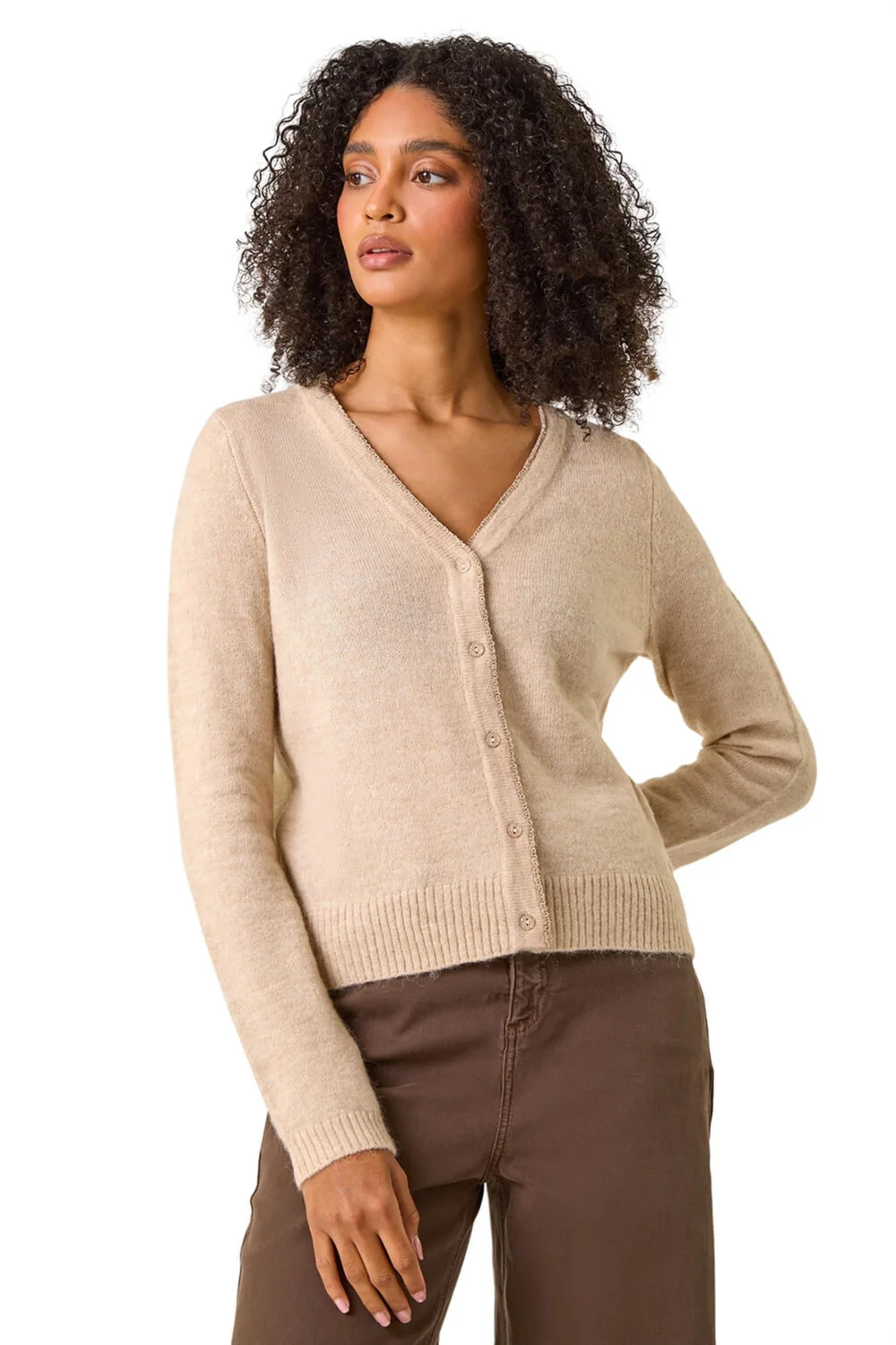 Roman Natural Shimmer V-Neck Ribbed Cardigan - M Image 1