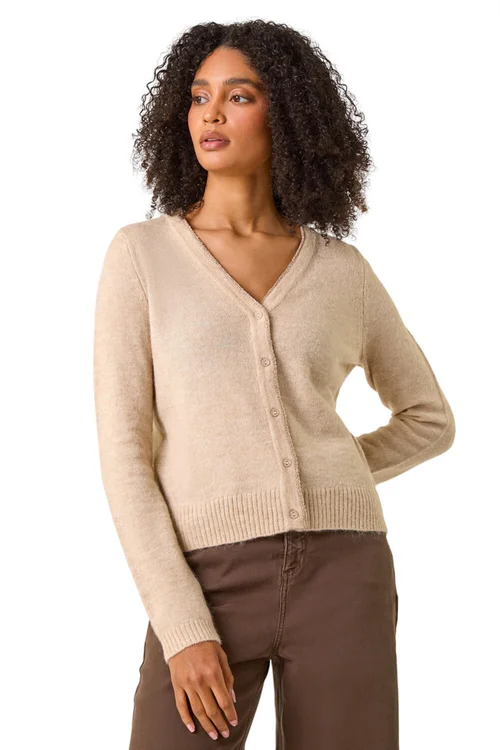 Roman Natural Shimmer V-Neck Ribbed Cardigan - M Image 1