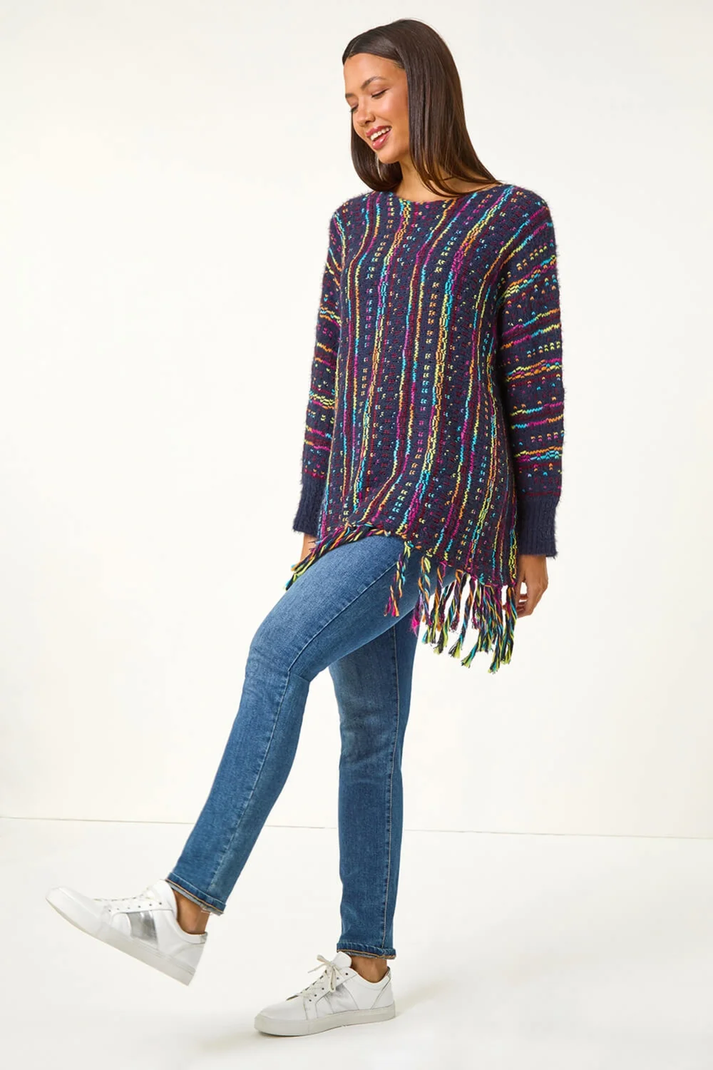 Roman Midnight Blue Fringe Hem Knit Longline Jumper - Size 16 Image 2