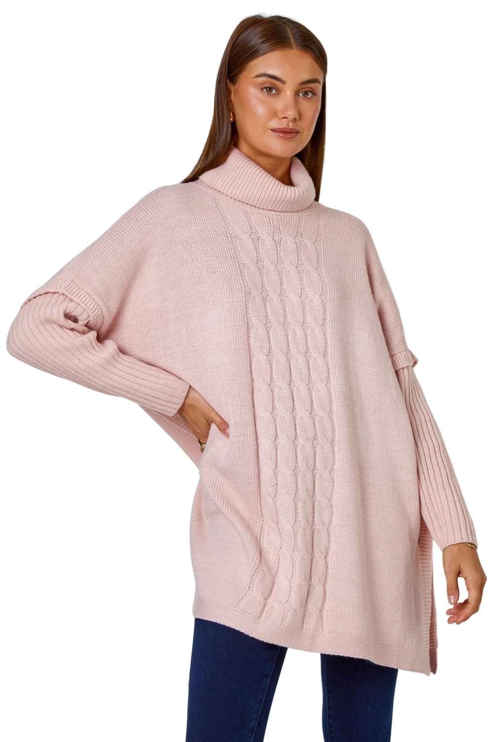 Roman Pink Cable Knit Roll Neck Poncho Jumper - Small/Medium Image 1