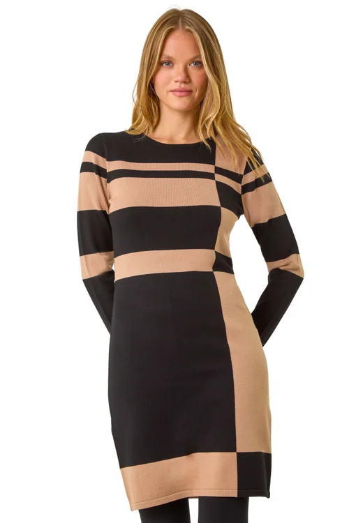 Roman Camel Colour Block Knit Dress - Size 14 Image 1