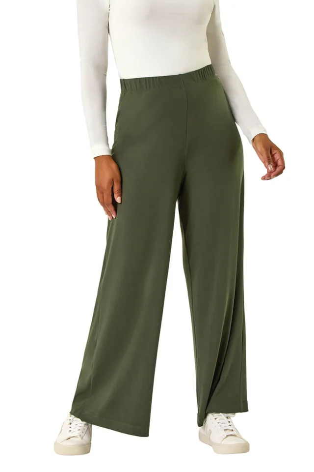 Roman Khaki Petite Wide Leg Stretch Trouser