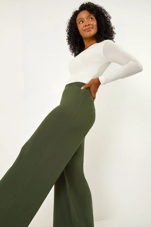Roman Khaki Petite Wide Leg Stretch Trouser