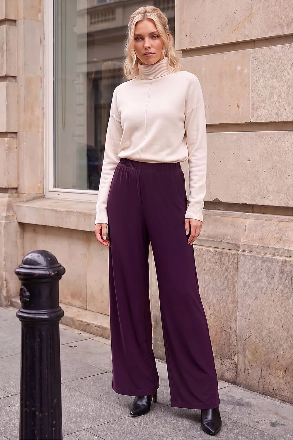 Roman Plum Petite Elastic Waist Wide Leg Stretch Trouser - 8 Image 2
