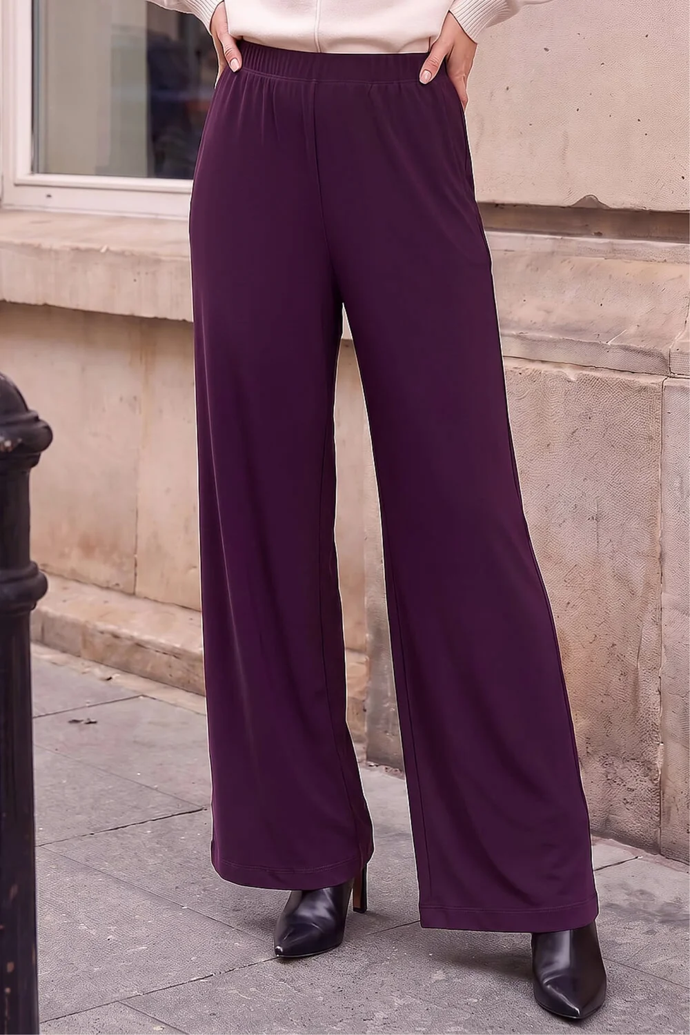 Roman Plum Petite Elastic Waist Wide Leg Stretch Trouser - 8 Image 1