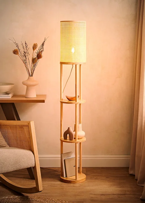ValueLights Elsa Oak Effect Natural Floor Lamp with Natural Drum Shade - One Size Image 3