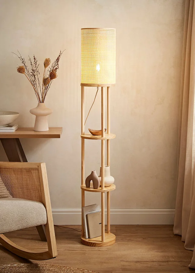 ValueLights Elsa Oak Effect Natural Floor Lamp with Natural Drum Shade