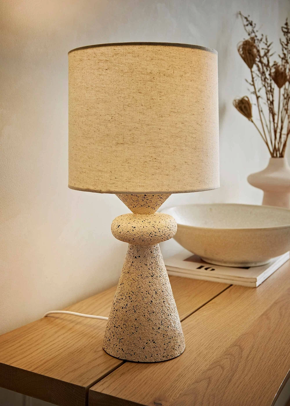 ValueLights Cady Cement Effect Natural Table Lamp with Small Drum Shade - One Size Image 1
