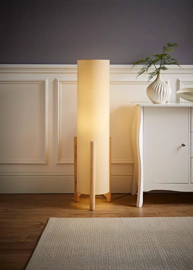 ValueLights Henry Oak Effect Natural Floor Lamp with XL Drum Shade