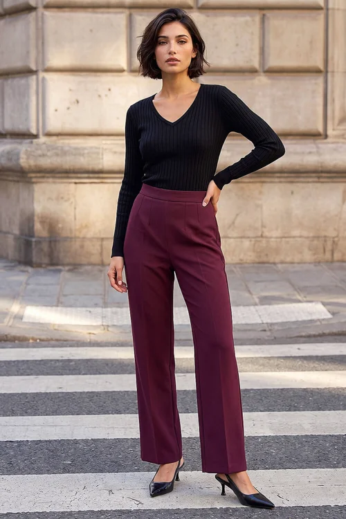 Roman Burgundy Petite Straight Leg Ponte Stretch Trouser - 16 Image 3