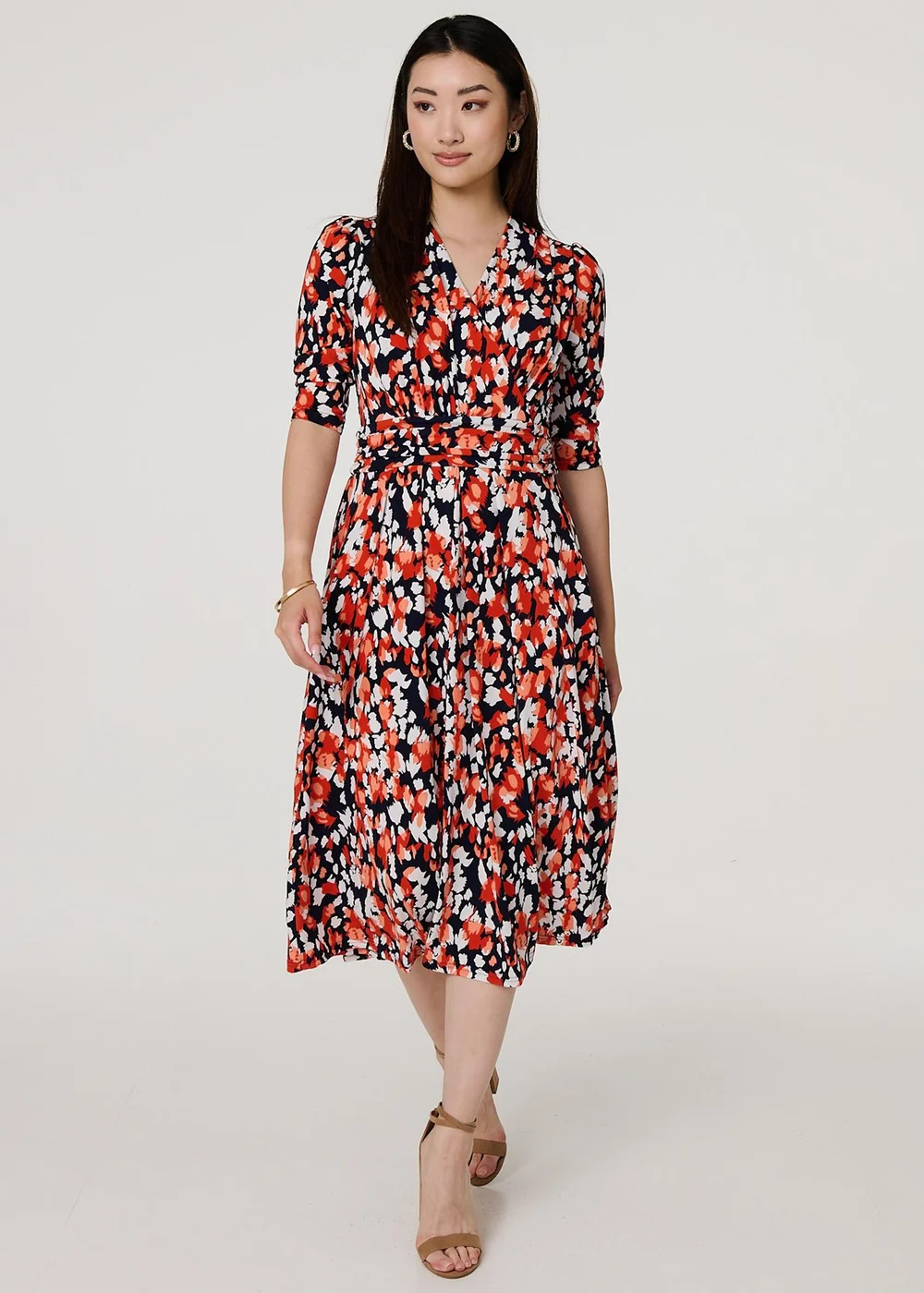 Izabel London Orange Printed V-Neck Midi Wrap Dress - 12 Image 1
