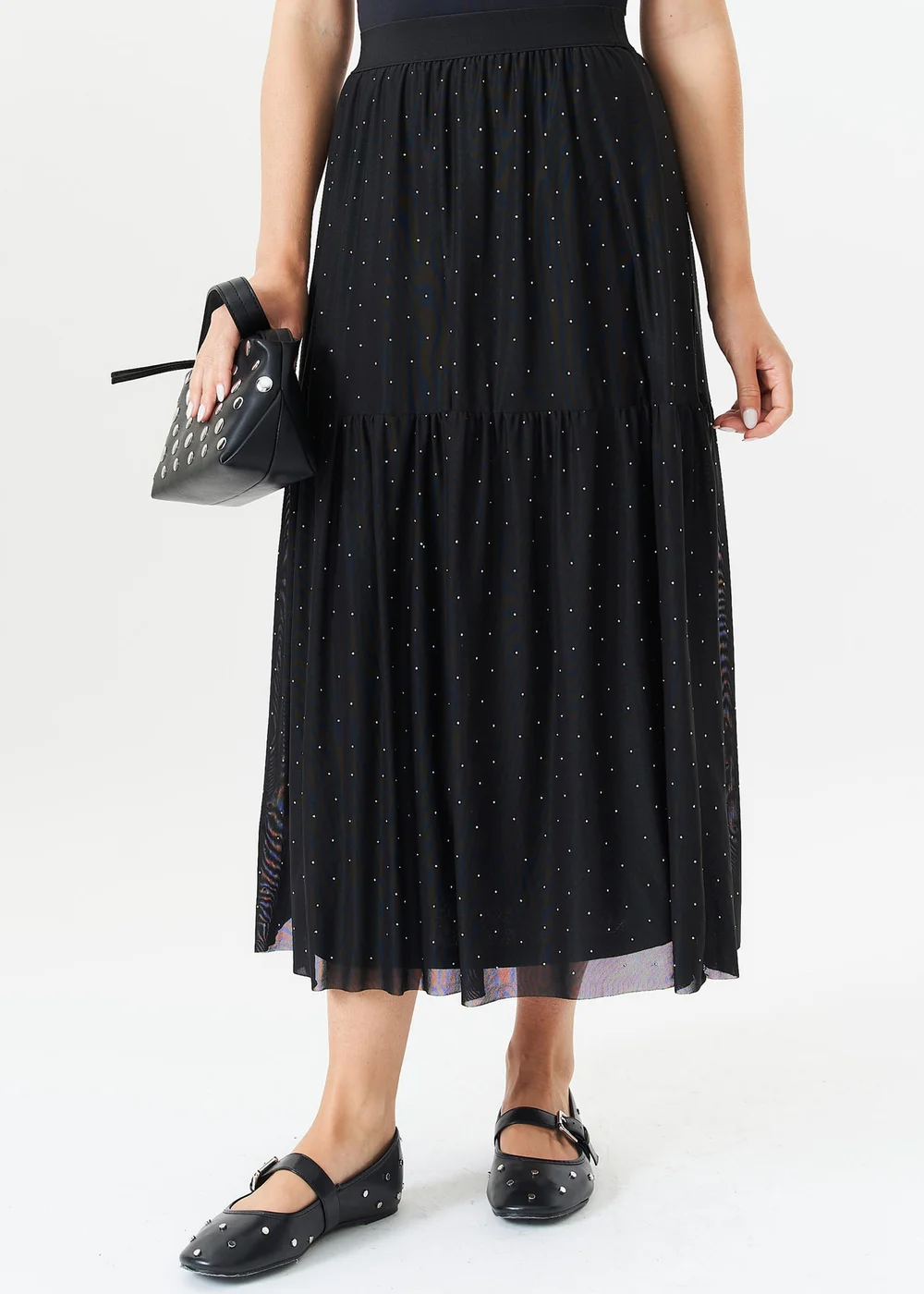 Gini London Black Diamante Mesh Maxi Skirt - S/M Image 4