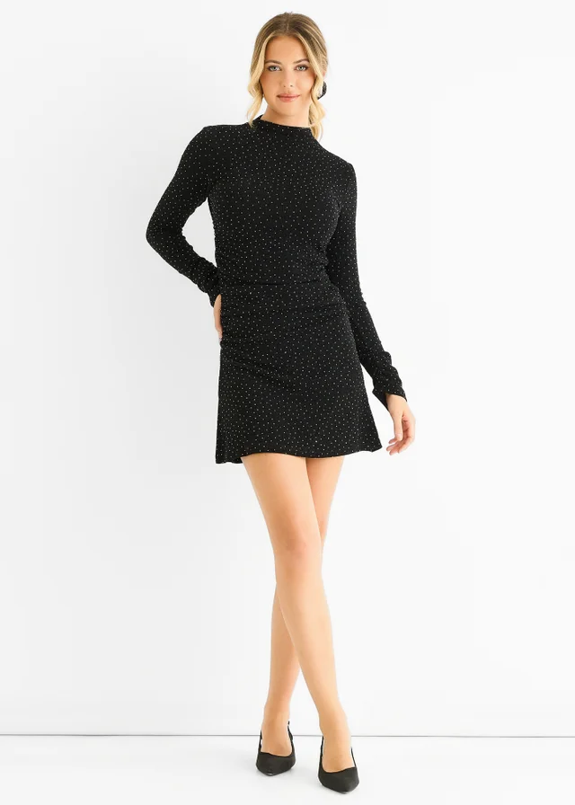 Gini London Black High Neck Stud Hot Fix Stretchy Mini Dress