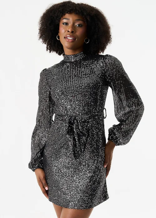 Gini London Black High Neck Long Sleeves Belted Sequin Dress - Size 16 Image 4