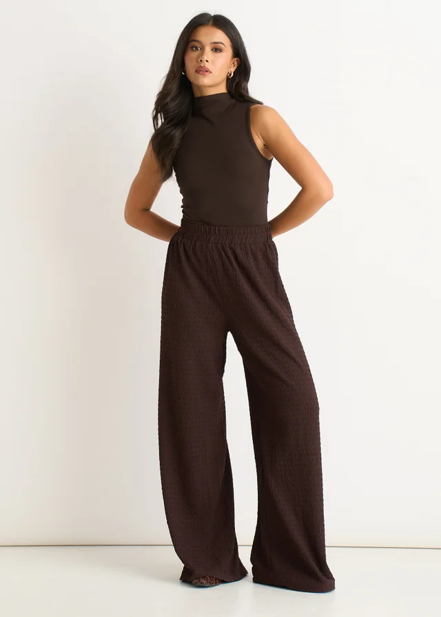 Gini London Chocolate Textured Elastic Waist Pull On Trousers