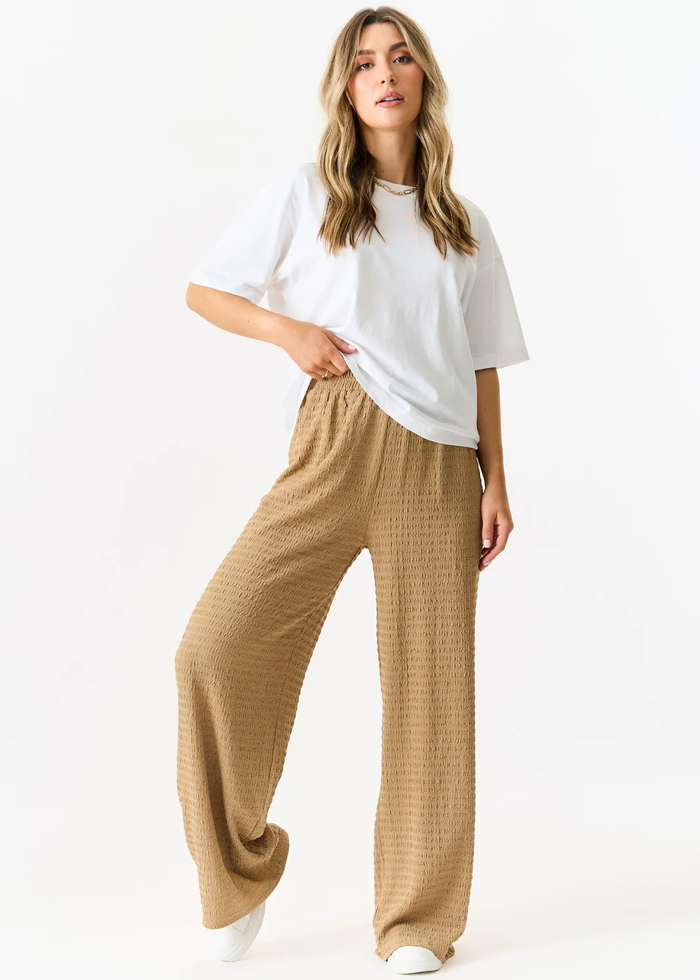 Gini London Camel Textured Elastic Waist Pull On Trousers - L/XL Image 1