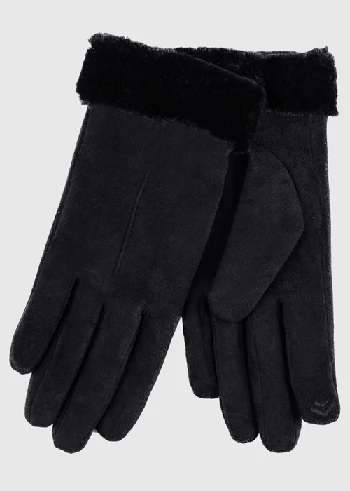 Totes Isotoner Black One Point Faux Suede Glove with Faux Fur Cuff Detail - L Image 1