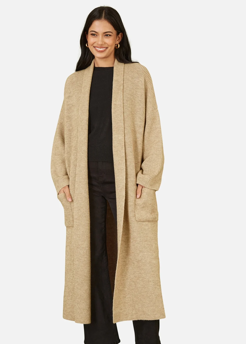 Yumi Cream Knitted Maxi Cardigan With Pockets - Large Image 2