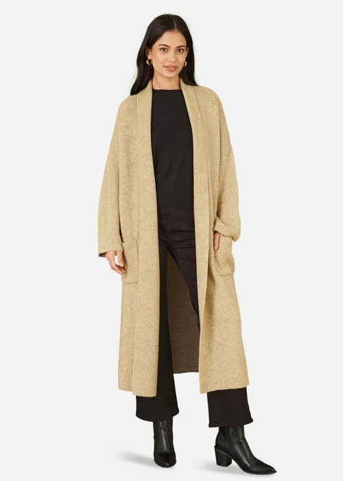Yumi Cream Knitted Maxi Cardigan With Pockets - Large Image 1