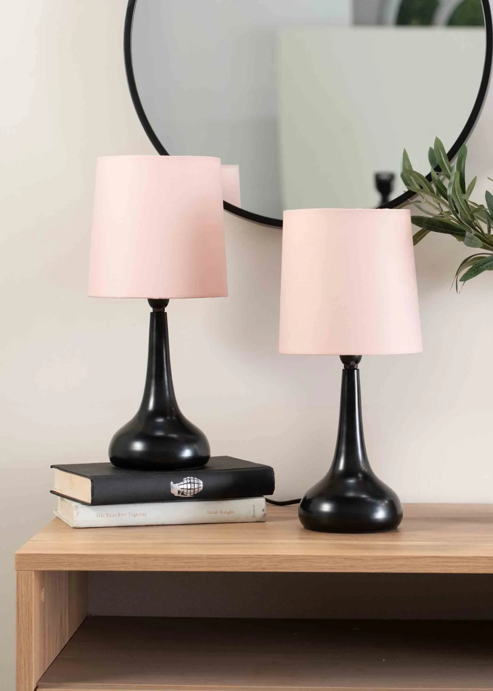 ValueLights Pair of Dimmable Matte Black Table Lamp with Pink Drum Shade - One Size Image 1