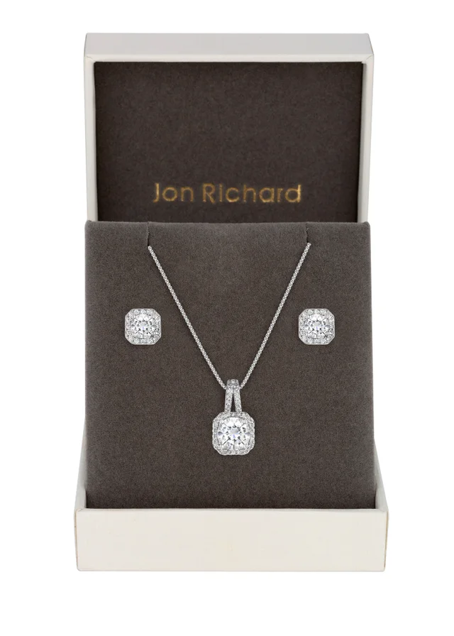 Silver Plated Cubic Zirconia Square Drop Pendant And Earring Set - Gift Boxed