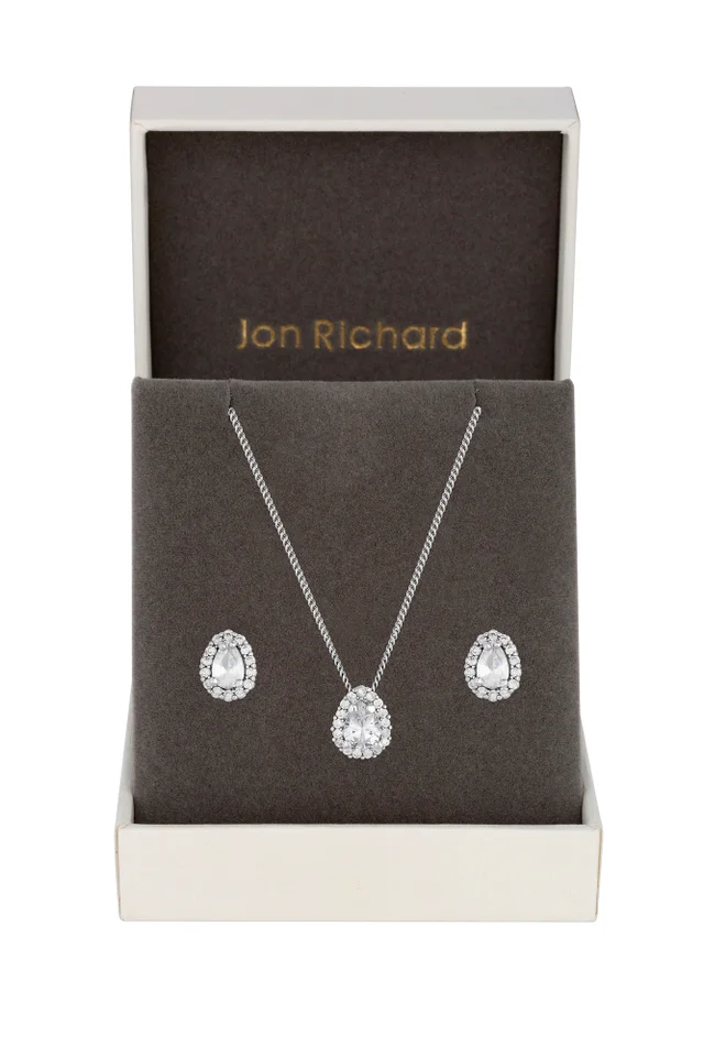 Jon Richard Rhodium Plated Cubic Zirconia Pear Stone Set - Gift Boxed