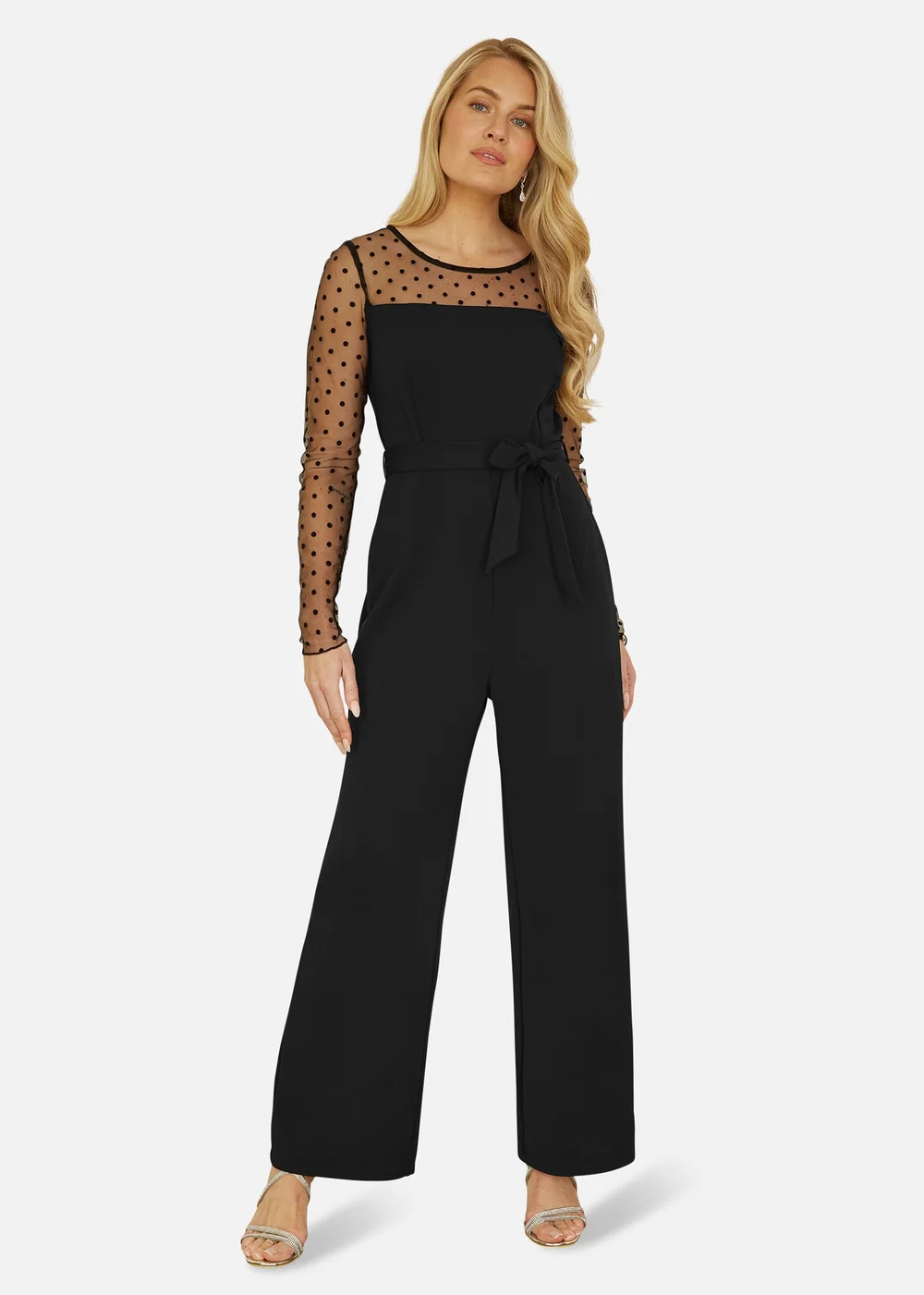 Yumi Black Spot Mesh Stretch Jumpsuit - Size 12 Image 1