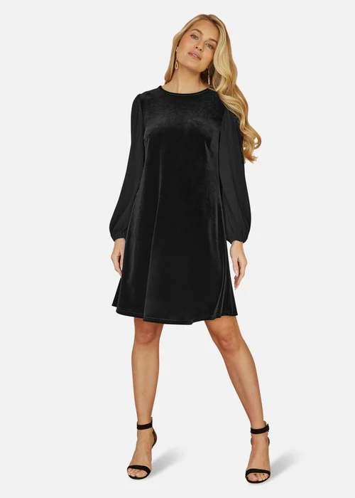Yumi Black Velvet Tunic Dress with Pleated Balloon Sleeves And Tie Back - 20 Image 1