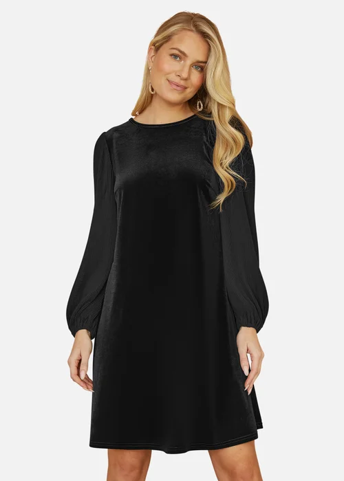 Yumi Black Velvet Tunic Dress with Pleated Balloon Sleeves And Tie Back - 20 Image 2