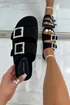 Love Lemonade Black Crystal Boho Suede Double Buckle Sliders - Size 3 Image 1