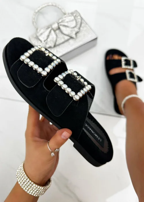 Love Lemonade Black Crystal Boho Suede Double Buckle Sliders - Size 3 Image 2