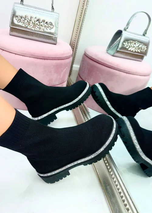 Love Lemonade Black Sparkly Stretch Chunky Sock Boots - Size 7 Image 3