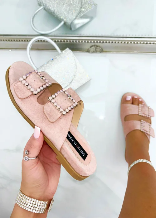 Love Lemonade Pink Crystal Boho Suede Double Buckle Sliders - Size 3 Image 1