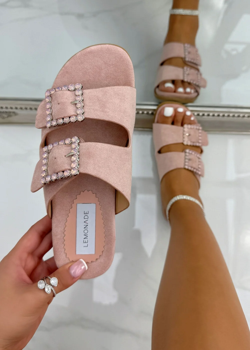 Love Lemonade Pink Crystal Boho Suede Double Buckle Sliders - Size 3 Image 2