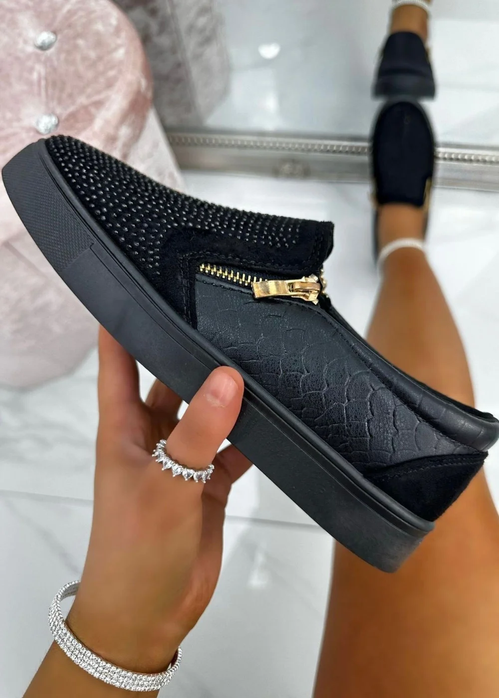 Love Lemonade Black Crystal Suede Zip Pumps - Size 8 Image 1
