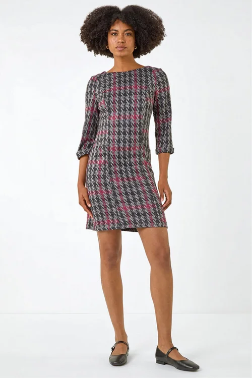Roman Red Houndstooth Pocket Shift Stretch Dress - 20 Image 2