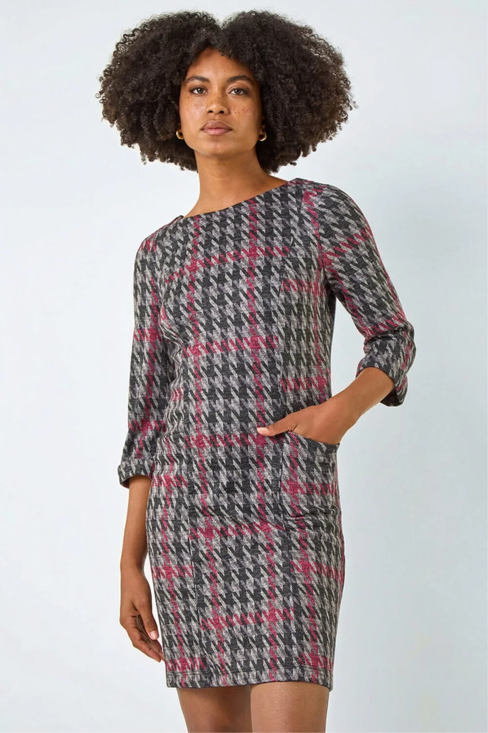Roman Red Houndstooth Pocket Shift Stretch Dress - 20 Image 1