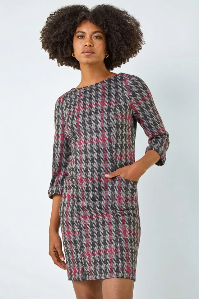 Roman Red Houndstooth Pocket Shift Stretch Dress