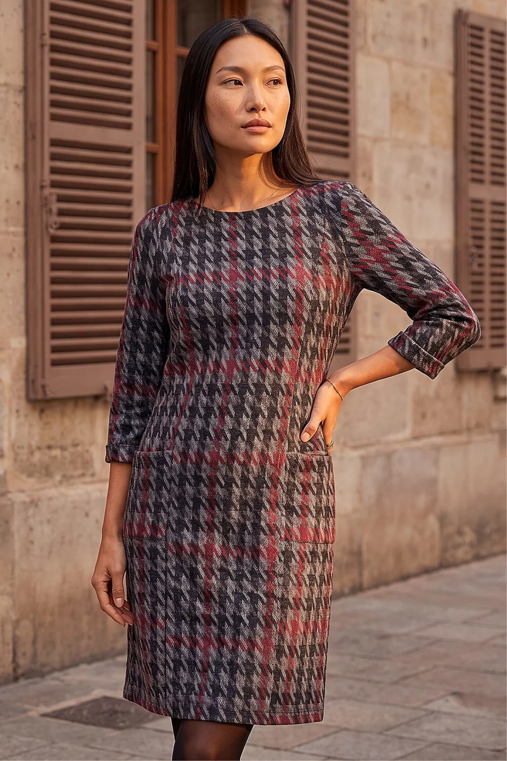 Roman Red Houndstooth Pocket Shift Stretch Dress - 20 Image 2