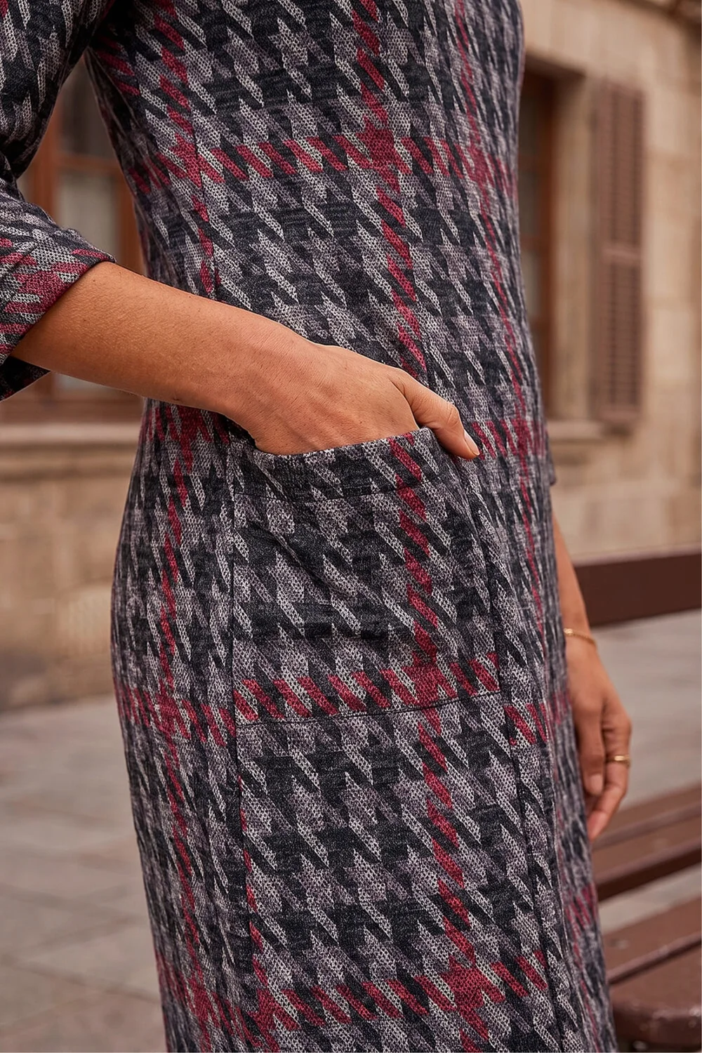 Roman Red Houndstooth Pocket Shift Stretch Dress - 20 Image 4