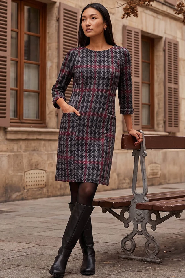 Roman Red Houndstooth Pocket Shift Stretch Dress