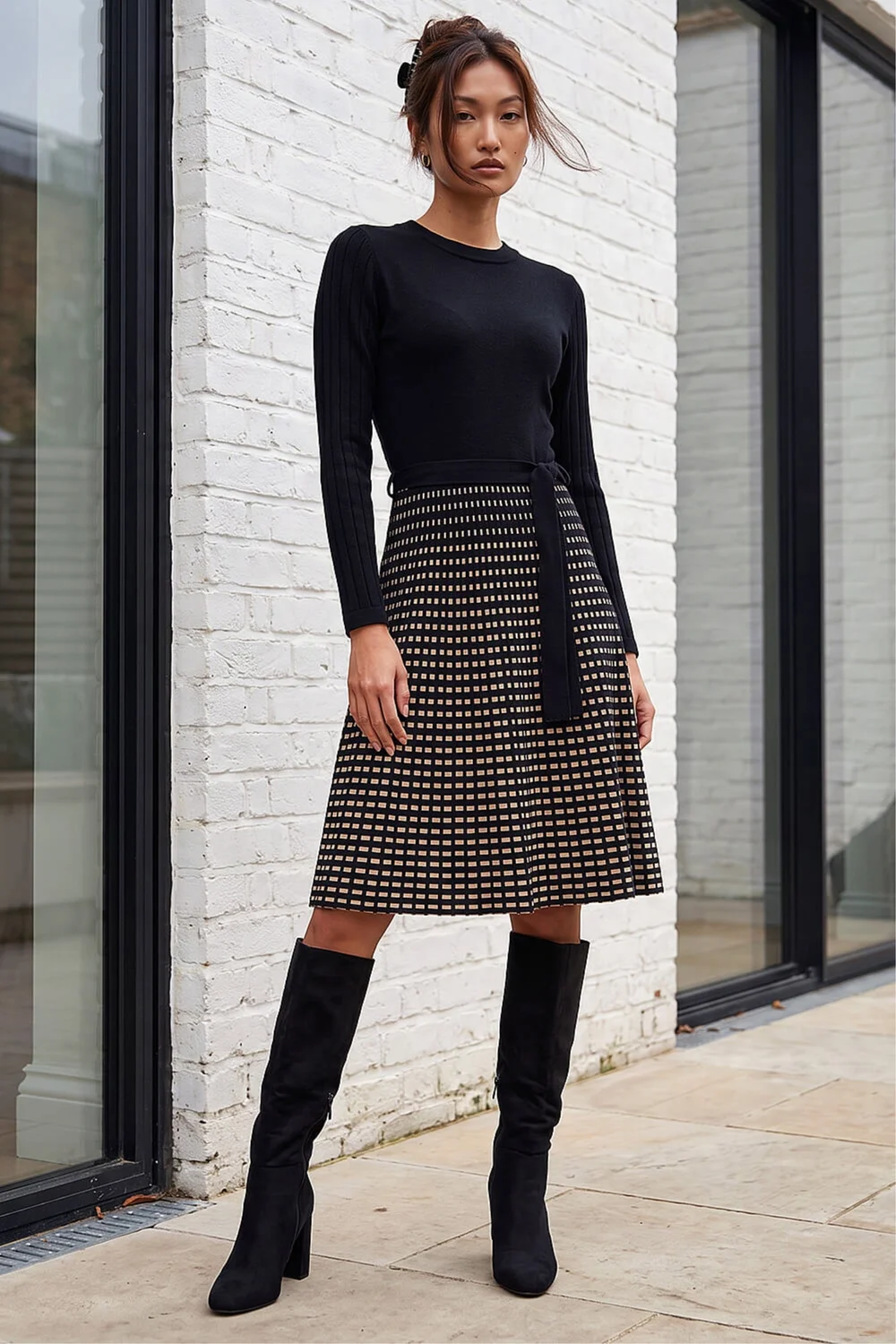 Roman Black Check Print Belted Jumper Dress - 10 Image 3